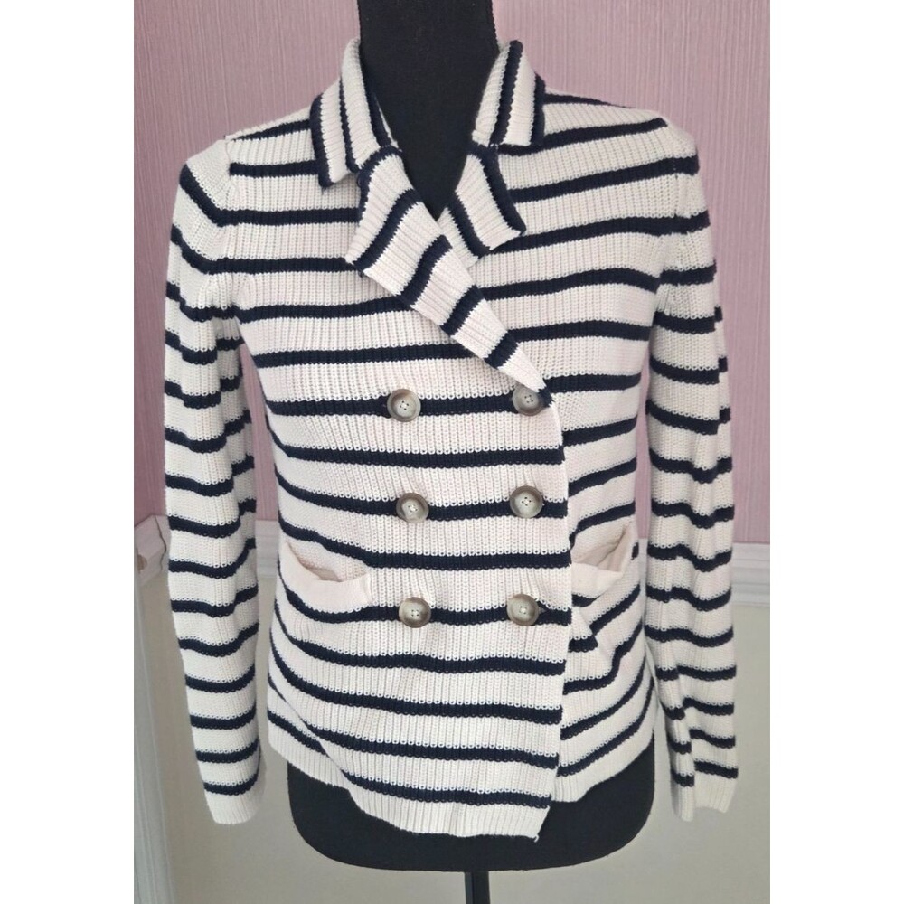 LOFT Striped Knit Blazer Jacket Women’s Medium Navy White Double Breasted Nautic
